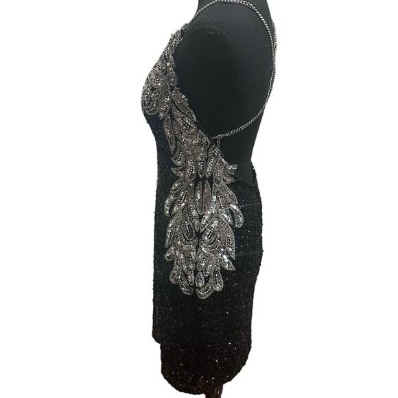 NWT Enchanted Black & Silver Sequin Beaded Chain Straps Backless mini Dress SZ 6 - Picture 2 of 16